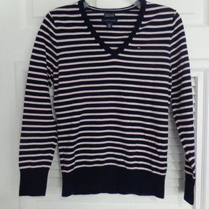 Tommy Hilfiger Women's Pink and Navy Stripe Cotton V‎ Neck Sweater - Size Medium